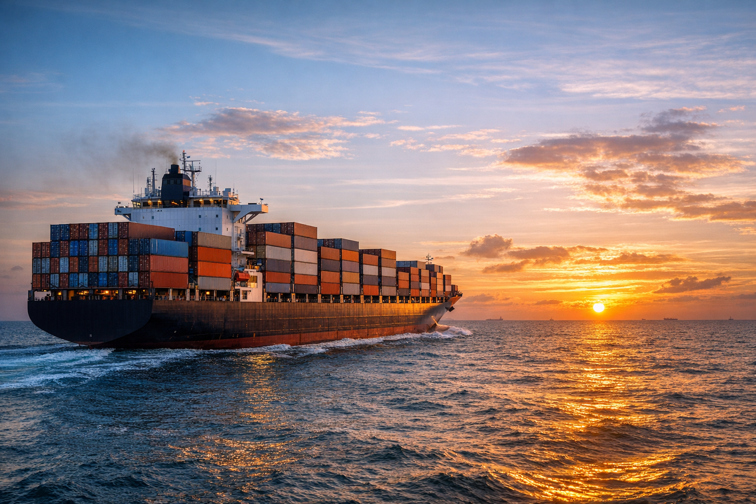 navire en mer au coucher du soleil